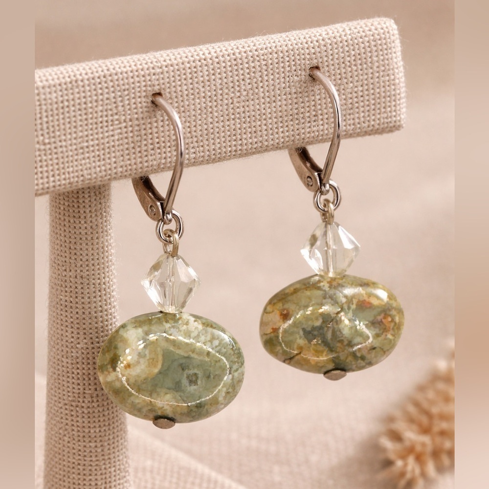 Prehnite Drop Earrings | Green Stone Dangle Earrings | Silver Tone Leverback
